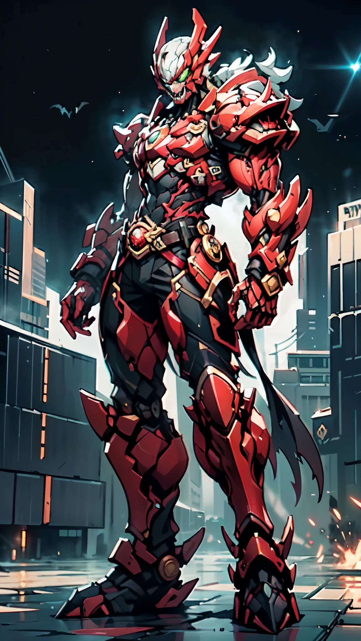 (masterpiece:1.5, best quality:1.5, extremely delicate:1.5, perspective:1.5, foreshortening:1.5, dynamic angle:1.5), a man wearing a full-face helmet, a fantasy-style biotech armored combat suit, green eyes, (a composite layered chest armor), fully enclosed shoulder guards, matching arm and leg guards, the belt is adorned with fangs biting into orbs, (the color scheme is primarily black with red accents), the design balances heavy with agility, a high-tech bio-mecha armor, (Armor Concept Inspired by Bat, stand on the top of a skyscraper in a futuristic sci-fi city), this character embodies a finely crafted fantasy-surreal style armored hero in anime style, exquisite and mature manga art style, (element, plasma, energy, the armor glows), ((male:1.5)), metallic, high definition, highres, ultra-detailed, ultra-fine painting, professional, perfect body proportions, golden ratio, anatomically correct, symmetrical face, extremely detailed eyes and face, high quality eyes, creativity, RAW photo, UHD, 32k, Natural light, cinematic lighting, masterpiece--perfect