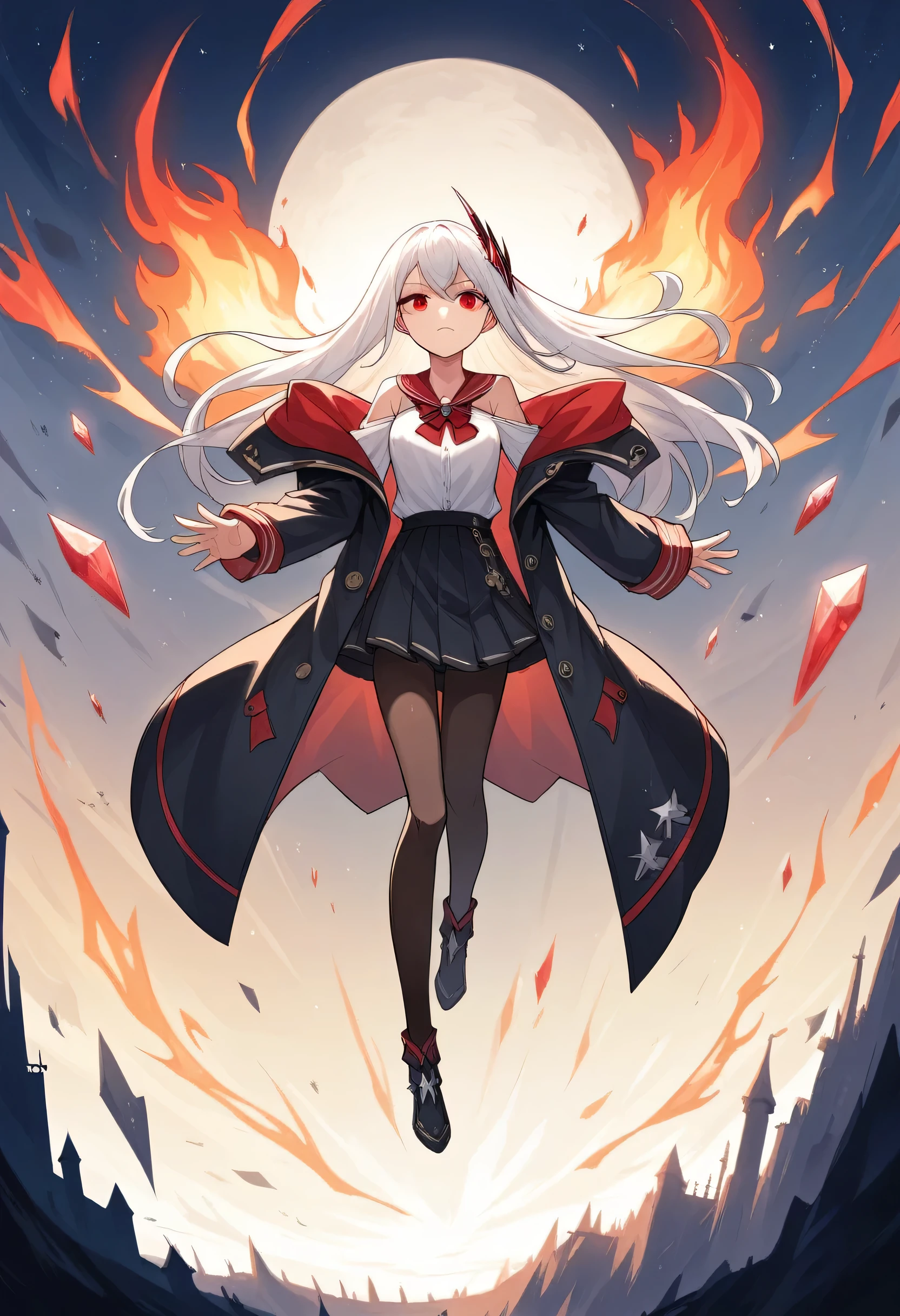 Kizi, long white hair loose, scarlet red eyes, white undershirt, black coat falling off the shoulders, Black Skirt, black transparent pantyhose, fire and ice power, night castle in the middle of the sea, 8K, high resolution, cinematic, realisitic.