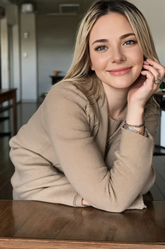 (On a table, Best quality, realistically, ultra - detailed, meticulous, A high resolution, 8k wallpaper), Close-up portrait of a beautiful woman, Love, Smiling, light brown messy hair, Perfect dynamic composition, Beautiful and meticulous eyes, Just like the cover of a fashion magazine, On campus