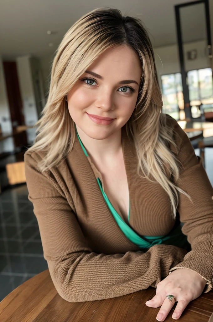 (On a table, Best quality, realistically, ultra - detailed, meticulous, A high resolution, 8k wallpaper), Close-up portrait of a beautiful woman, Love, Smiling, light brown messy hair, Perfect dynamic composition, Beautiful and meticulous eyes, Just like the cover of a fashion magazine, On campus