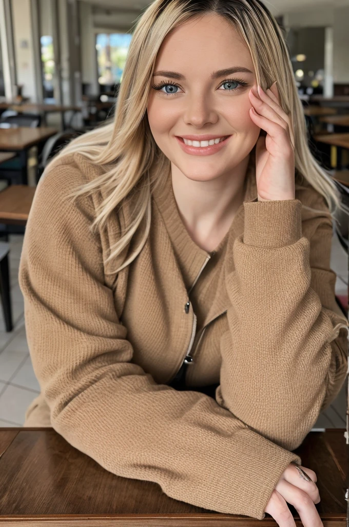 (On a table, Best quality, realistically, ultra - detailed, meticulous, A high resolution, 8k wallpaper), Close-up portrait of a beautiful woman, Love, Smiling, light brown messy hair, Perfect dynamic composition, Beautiful and meticulous eyes, Just like the cover of a fashion magazine, On campus