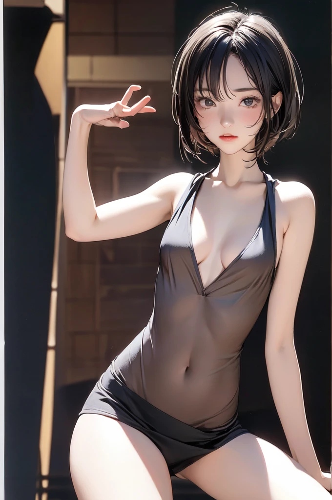 ((masterpiece, best quality)),((high resolution:1.3)), 1 Girl, solo, Cowboy Shot, Blurred Background, silky hair, (((Small breasts:1.3))), Thighs, (((cool Pose))), (Sleeveless mini dress), ((underwear)), pixie cut