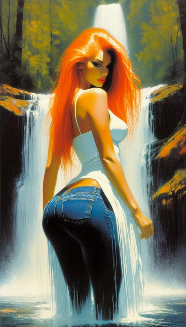 The sexy and dark art of seduction, elegant, long orange hair, medium breasts, perfect ass, in a lake in a wonderful natural environment, very sexy and erotic, (art inspired by Bill Sienkiewicz). oil painting) (best quality, 4k, 8k, high resolution, masterpiece: 1.2), ultra detailed, (realistic, photorealistic, photorealistic: 1.37), intricate details, vivid colors, sharp focus, professional, Dave's artwork McKean, oil painting touch of surrealism, oil painting style