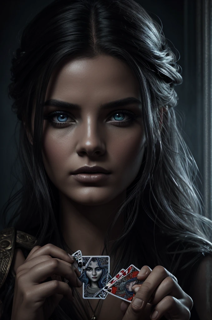 a medusa woman from mythology, playing poker cards and poker chips in her hands, beautiful detailed eyes,beautiful detailed lips,extremely detailed eyes and face,long eyelashes, highly detailed, hyper realistic, cinematic lighting, dramatic lighting, volumetric fog, intricate details, photorealistic, 8k, masterpiece, digital painting, concept art, fantasy, dark surreal, dramatic color palette, moody atmosphere, vibrant colors