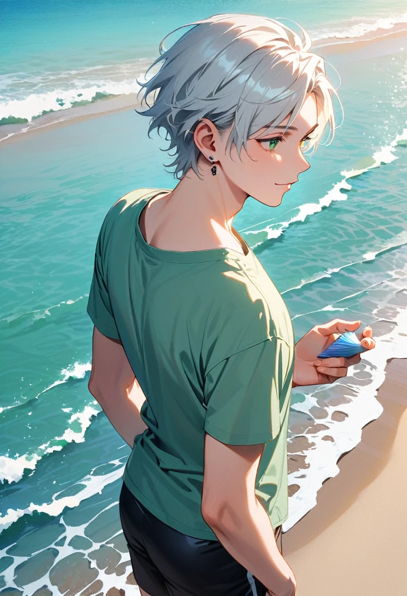 A young man, 19-years-old, solo, Caucasian, masculine face, short tousled white hair, green eyes, warm smile, light pale green t-shirt, short sleeves, black swimming trunks, small silver earrings, beach, standing in the water, looking off into the distance, holding a seashell