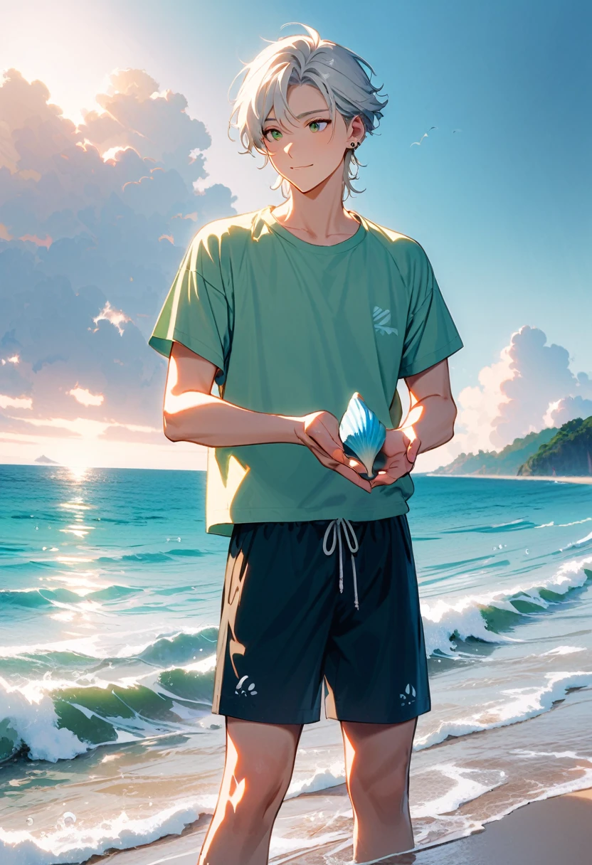 A young man, 19-years-old, solo, Caucasian, masculine face, short tousled white hair, green eyes, warm smile, light pale green t-shirt, short sleeves, black swimming trunks, small silver earrings, beach, standing in the water, looking off into the distance, holding a seashell