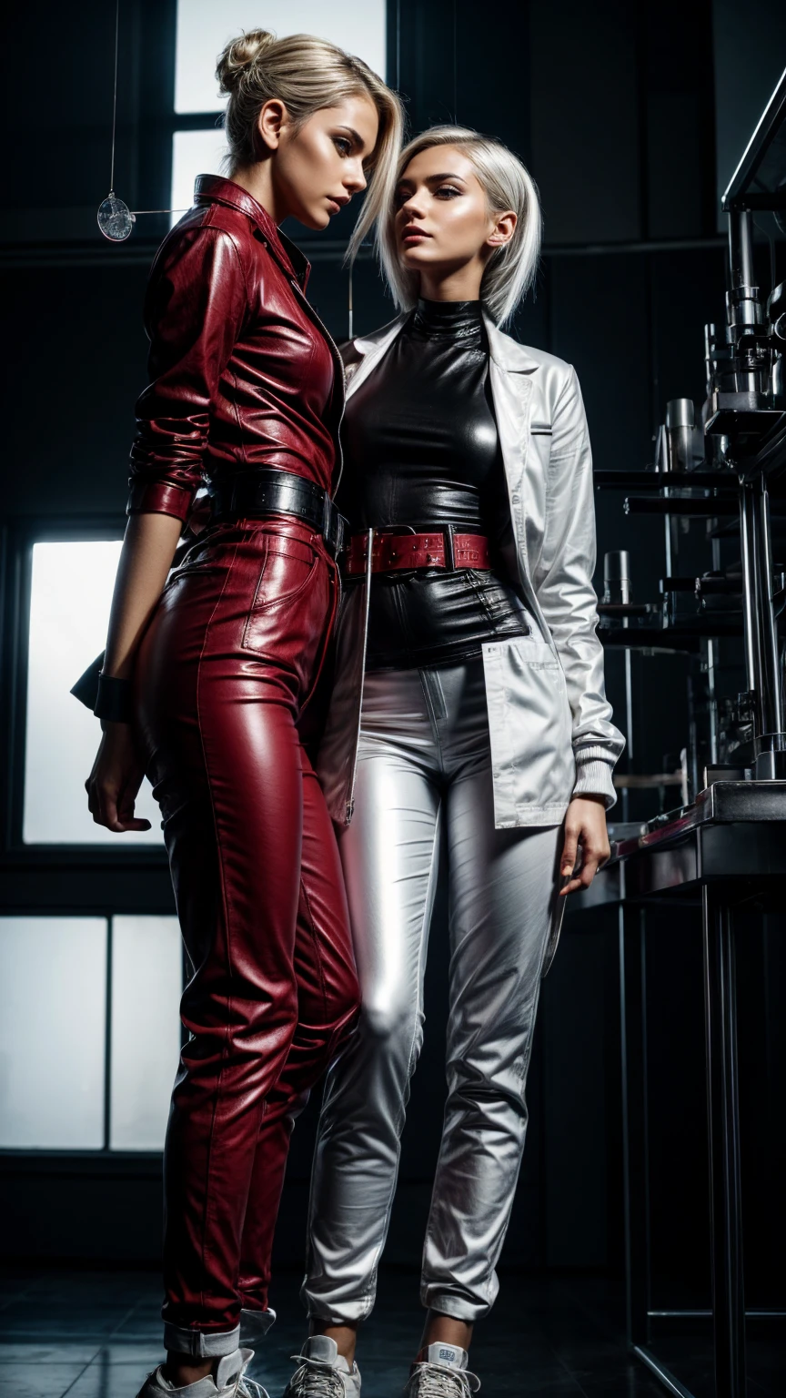 Seductive and confident look. Distant image. Labcoat. Long legs. Twi Slim age european girls. Lesbian kissing. Red leather trousers, sneakers. Vintage science laboratory. White hair, sidecut. Piercing. backlit, smirk, belt, backlit, perfect sultry make-up, cinematic, realistic, high contrast, visually rich,piercing eyes, strong eyeliner, mesmerizing eyes, elegant, graceful, natural beauty, charismatic, versatile, photogenic, very detailed
