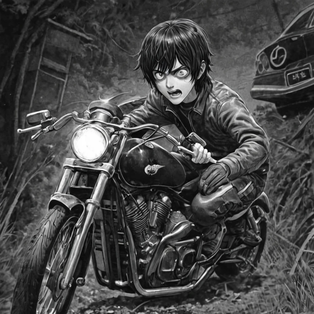 1motorcyclist, anger (anime), bizarre scenario, This is Junji, Yusuke Murata, black and white, 8K, anime, horror