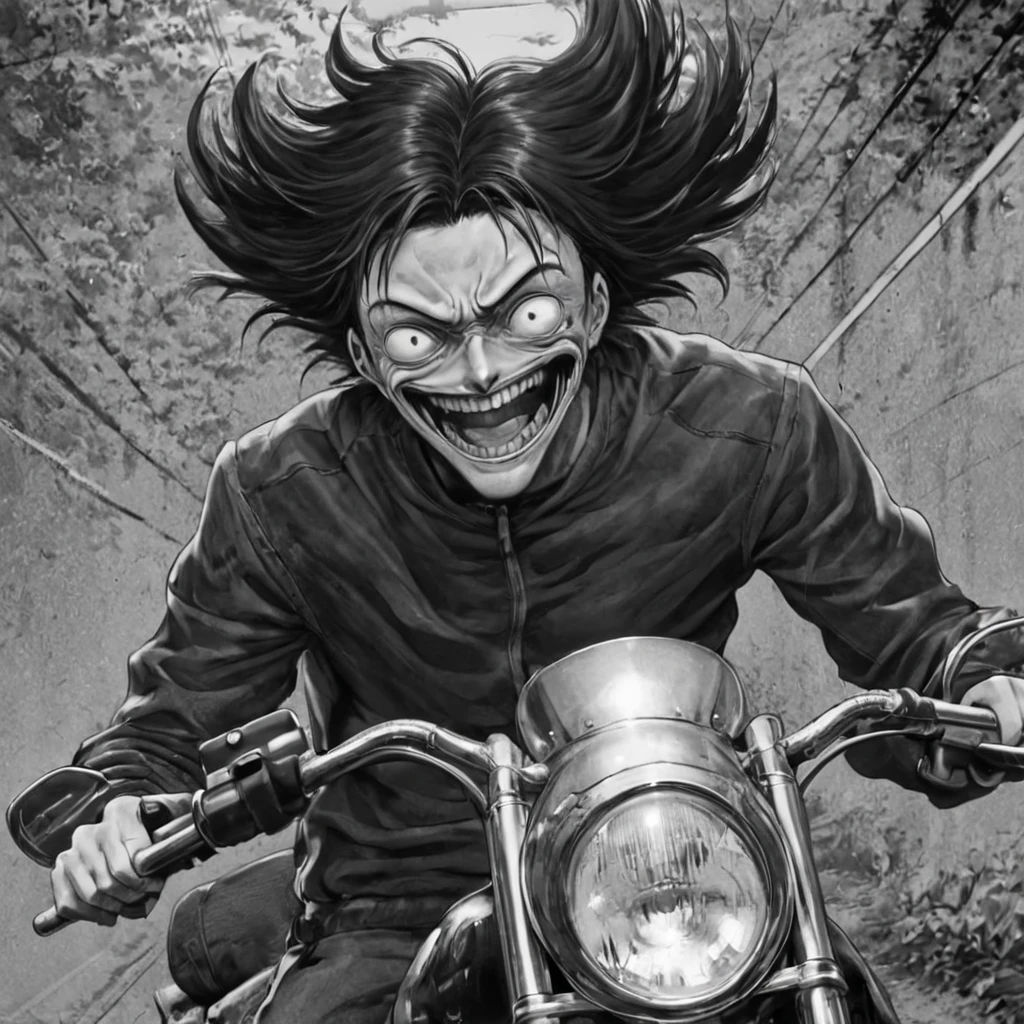 1motorcyclist, anger (anime), bizarre scenario, This is Junji, Yusuke Murata, black and white, 8K, anime, horror