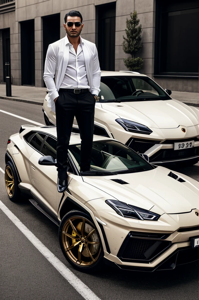 A mafia boss with white shirt and black pants and a golden Lamborghini urus