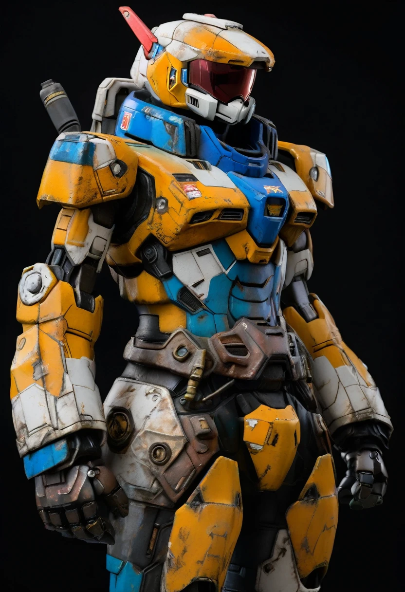 robotech standing looking up black background rusty worn armor super realistic 4k