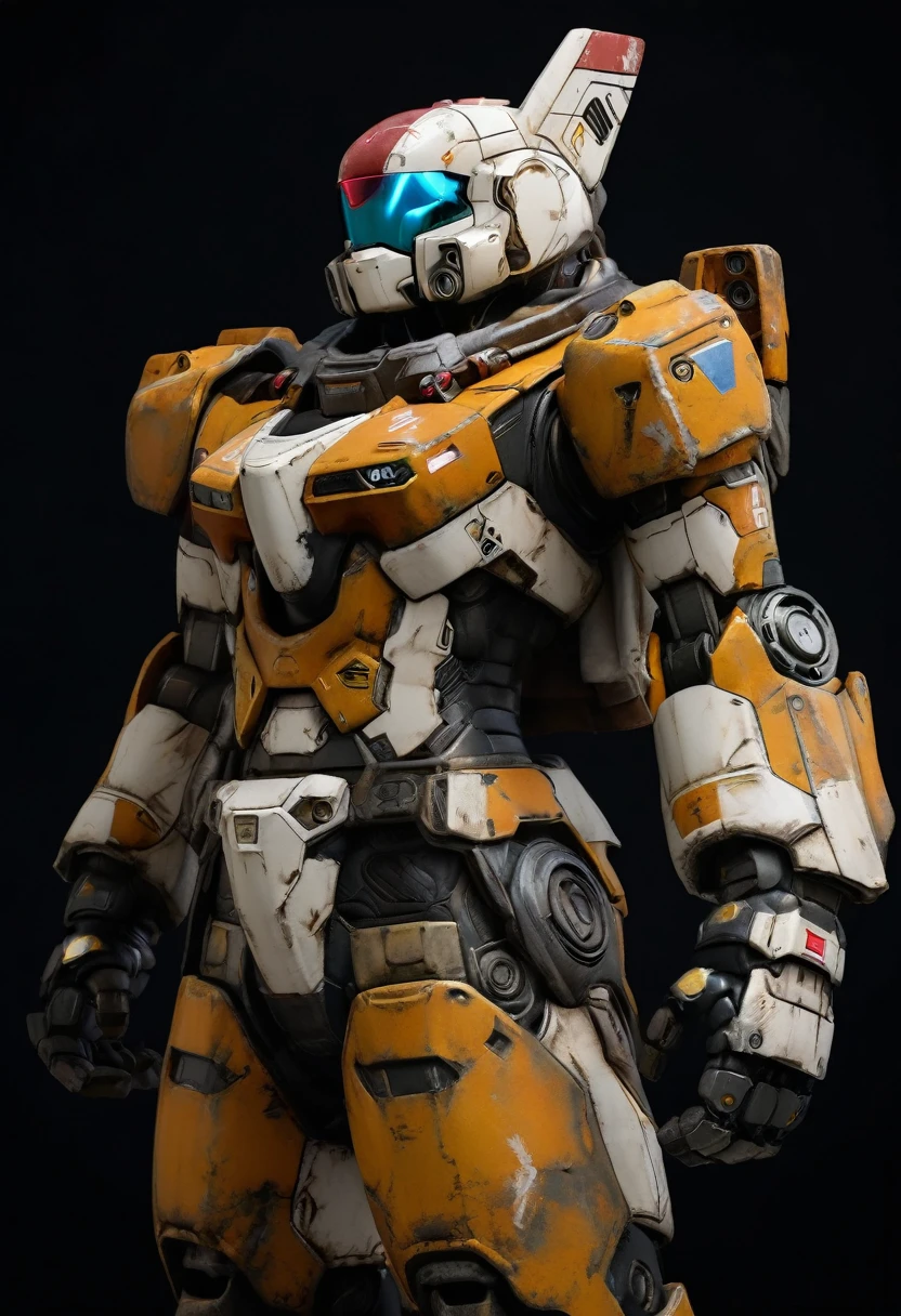 robotech standing looking up black background rusty worn armor super realistic 4k