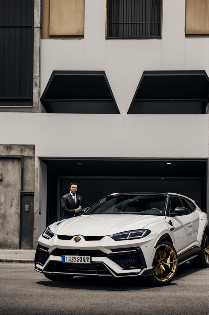 A mafia boss with white shirt and black pants and a golden Lamborghini urus