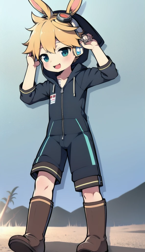 2D Boy Shota，One-piece mountaineering suit，Slim, healthy body，Put the headphones on your head，stand up，goggles，Rabbit ears，happy，Sailor collar，tie，Zipper pulled down，boots，hood