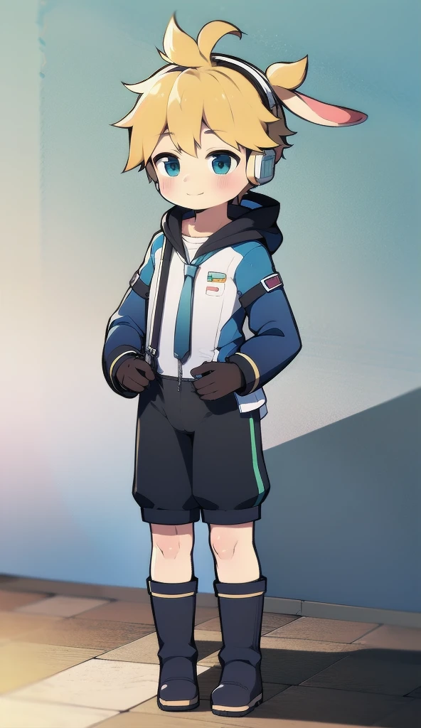 2D Boy Shota，One-piece mountaineering suit，Slim, healthy body，Put the headphones on your head，stand up，goggles，Rabbit ears，happy，Sailor collar，tie，Zipper pulled down，boots，hood