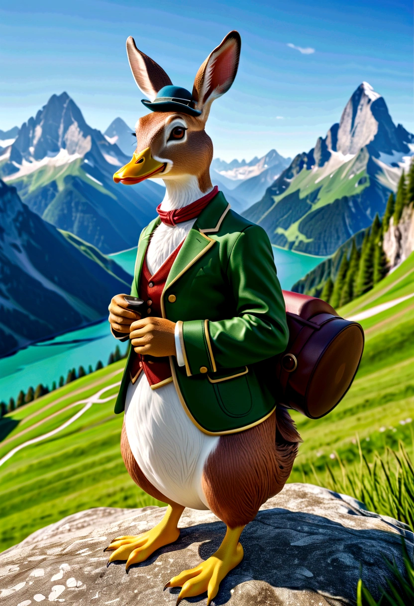 A detailed, hyperrealistic 4K representation of a Bavarian Wilpertinger from a duck, A rabbit, and a deer, with Tyrolean hat, with sharp edges, in a mountain landscape in the background for print on demand in comic style