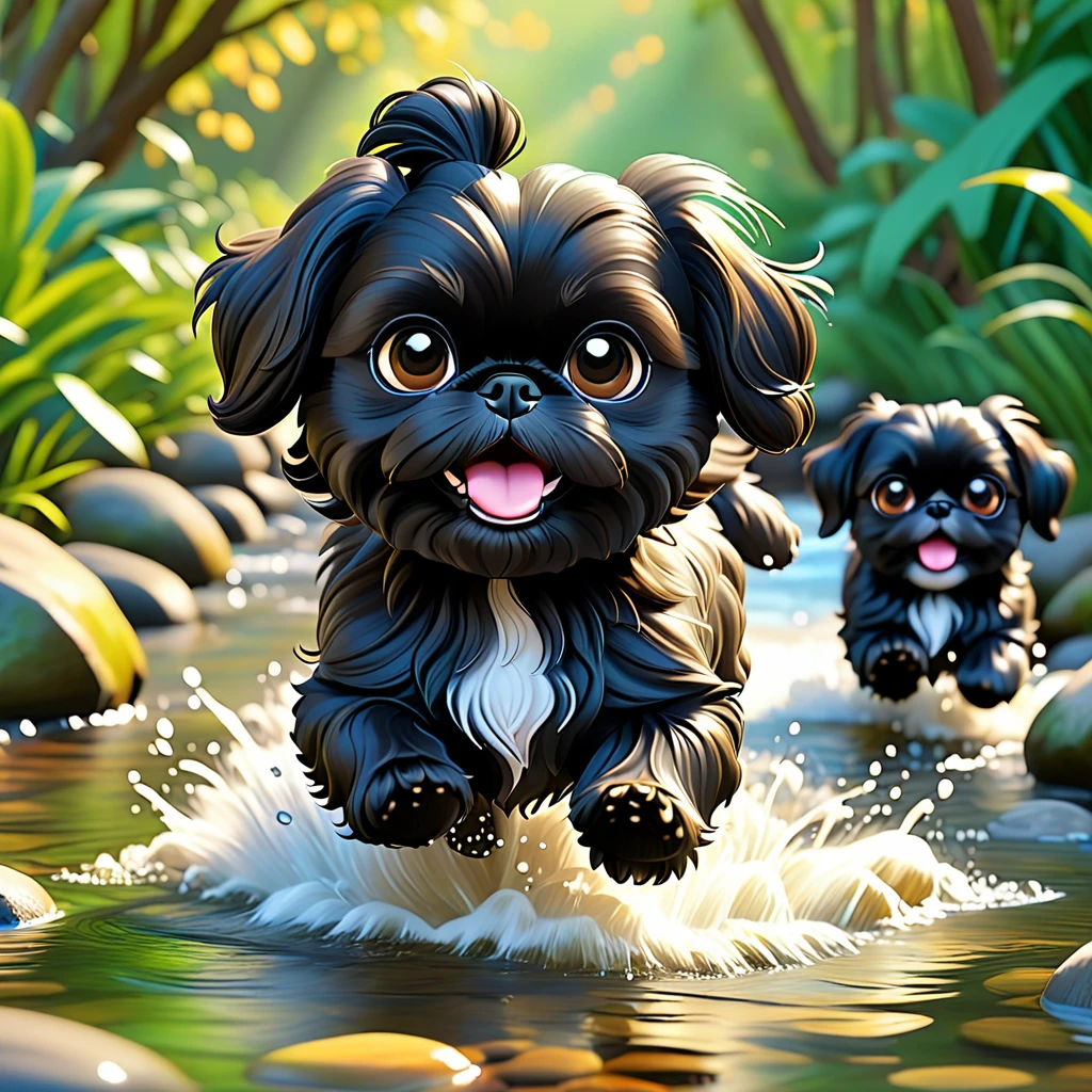 2 Adorable small black Shih Tzu puppies wearing bright sunglasses running in creek Disney background 3d cartoon 3d render disney pixar style