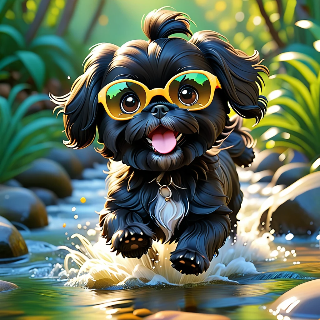 2 Adorable small black Shih Tzu puppies wearing bright sunglasses running in creek Disney background 3d cartoon 3d render disney pixar style