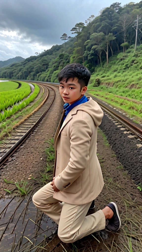 A boy age 30 with normal height and fit Thanking god pose in the paddy field behind the railway track while train on the track kneeling down and praising god in back pose in coat and pants on a rainy day