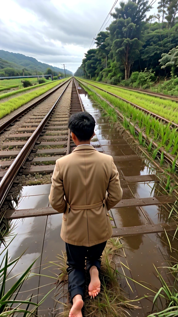 A boy age 30 with normal height and fit Thanking god pose in the paddy field behind the railway track while train on the track kneeling down and praising god in back pose in coat and pants on a rainy day