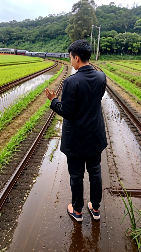 A boy age 30 with normal height and fit Thanking god pose in the paddy field behind the railway track while train on the track kneeling down and praising god in back pose in coat and pants on a rainy day