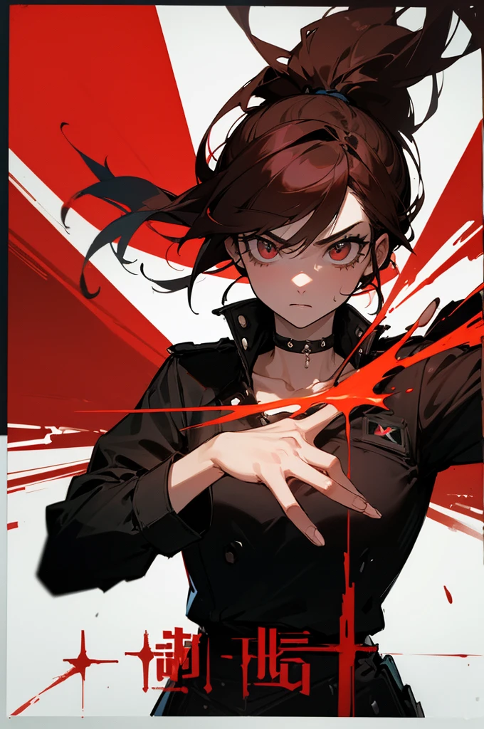 ((top-quality)), ((​masterpiece)), ((ultra-detailliert)), (extremely delicate and beautiful),(((Dramatic)))、(((gritty)))、(((vehement)))Movie poster featuring a young woman as the main character。Beautiful short red hair、(side ponytail hairstyles), Magazine Art、She wears stylish and edgy clothes、Stand confidently in the center of the poster。Dressed in costume、I have a look of determination on my face。The background is dark and gritty.、Feeling danger and intensity。Text is bold and attention-grabbing、The catchy tagline is、Enhances the overall sense of drama and excitement。The color palette is predominantly bright、studded with saturated bright colors.、It gives the poster a dynamic and visually striking look。a miniskirt、Uniforms、Black Choker
