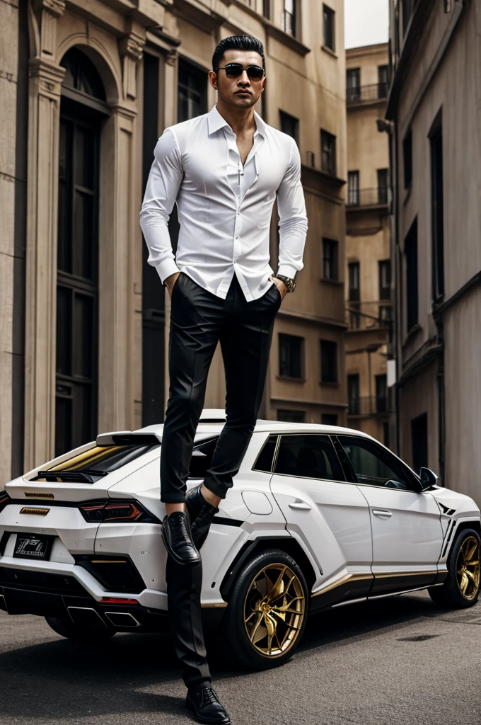 A mafia boss with white shirt and black pants and a golden Lamborghini urus 