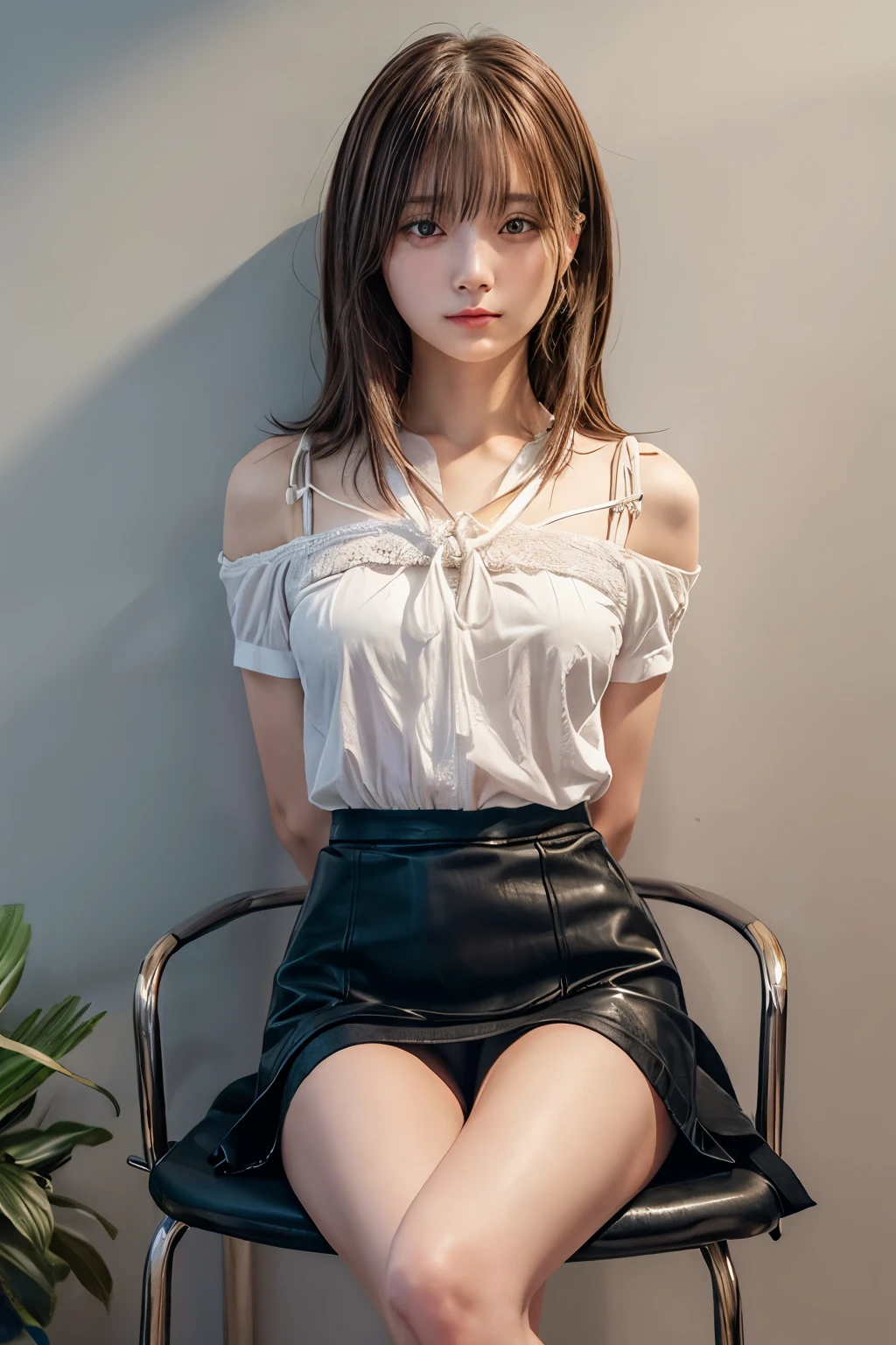 Beautiful woman tied up and restrained、Well-formed face、Even out the eyes、Hands tied with rope、Align your feet、Bright interior、Dark colored short sleeve shirt、mini skirt、((Her white panties are visible between her skirt and legs.))、sitting on a chair in front of a wall、Bright interior、２５Year, Light brown hair, Hair that falls over the shoulders, Parted bangs, Straight hair, Expressive hair, Shiny Hair, shy, Part your lips, Surrealism, First Person View, Nikon, 超High resolution, Anatomically correct, Textured skin, Attention to detail, Highest quality, High resolution, 8K,