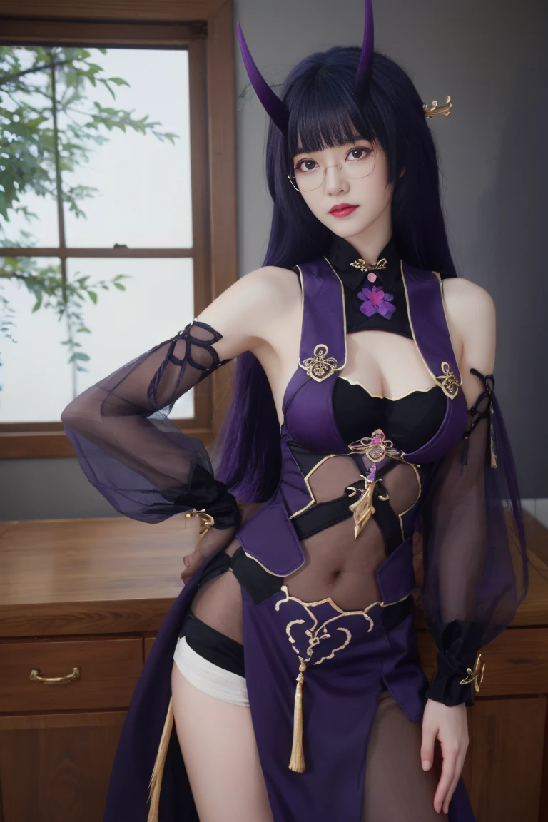 Xiutian Temple, shuten douji, (Purple eyes:1.2), earrings, eyeshadows, Horns, makeup, oni horns, Purple hair, Red eyeshadow, short eyebrows, Short hair, Single earring, tusk, (tiny chest:1.2),
BREAK bare shoulders, 鎖骨, Komono, Jewelry, Long sleeves, Revealing clothes, Wide sleeves, Offensive language, BREAK outdoors, city, BREAK looking at viewer,  (masutepiece:1.2), Best Quality, High resolution, Unity 8k壁纸,  (Beautiful detailed eyes:1.6), extra detailed face, Perfect Lighting, extremely details CG, (Perfect hands, Perfect Anatomy),Sitting on the couch, tiptoes, ,NSFW, (Ecstasy:1.3), (:1.2), (Vulgarity:1.3), ( Silly:1.1), (steam:1.1), (Wet:0.8), (trembling:0.8), (Tears:0.7), (Drooling:0.6), (Sweat:0.8)