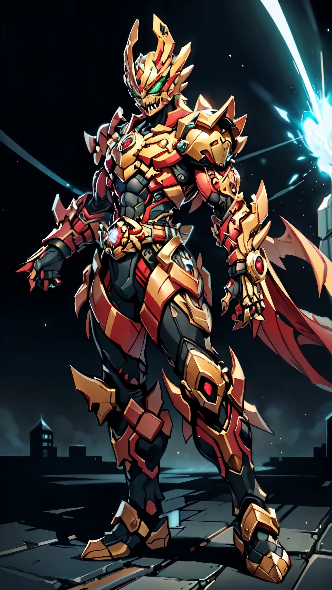 (masterpiece:1.5, best quality:1.5, extremely delicate:1.5, perspective:1.5, foreshortening:1.5, dynamic angle:1.5), a man wearing a full-face helmet, a fantasy-style biotech armored combat suit, green eyes, (a composite layered chest armor), fully enclosed shoulder guards, matching arm and leg guards, the belt is adorned with fangs biting into orbs, (the color scheme is primarily black with red accents), the design balances heavy with agility, a high-tech bio-mecha armor, (Armor Concept Inspired by Bat, stand on the top of a skyscraper in a futuristic sci-fi city), this character embodies a finely crafted fantasy-surreal style armored hero in anime style, exquisite and mature manga art style, (element, plasma, energy, the armor glows), ((male:1.5)), metallic, high definition, highres, ultra-detailed, ultra-fine painting, professional, perfect body proportions, golden ratio, anatomically correct, symmetrical face, extremely detailed eyes and face, high quality eyes, creativity, RAW photo, UHD, 32k, Natural light, cinematic lighting, masterpiece-anatomy-perfect