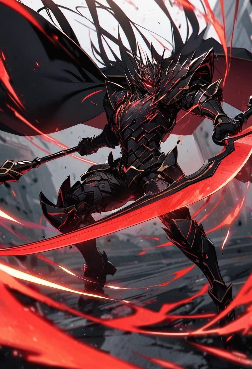 a extremely detailed warrior in armor of pitch black steel & gold wielding a bloody red scythe, antimatter floating around them