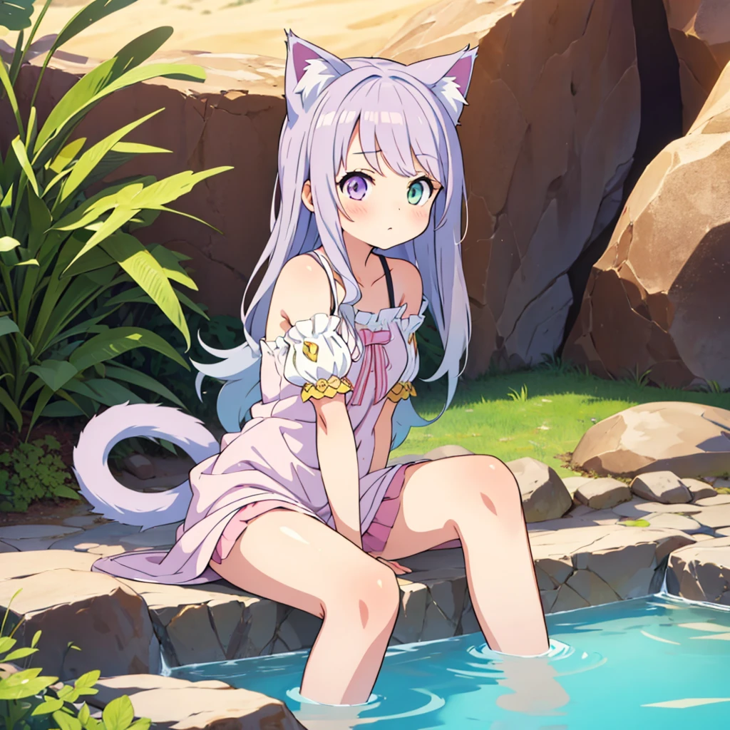 masterpiece, Top quality anime illustrations, Very detailed, A girl, Focus only, Silver-haired cat-eared girl, Anime Change, Cat ears ****, Thigh focus, Good Buster, Bathing in a desert oasis, Soaked,whole body