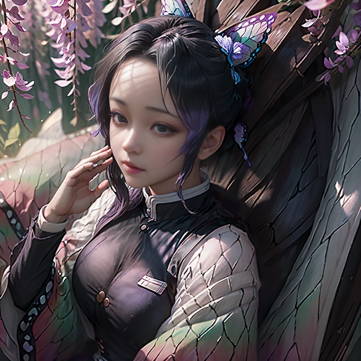 Ultra-realistic 8k CG, masterpiece, ((ultra-detailed background, delicate pattern, intricate details)),best quality, very detailed face, extremely detailed eyes and face, extremely detailed eyes, shinobu kochou, kochou shinobu, lying down in a forest with butterfly wings in her hair, wearing a black dress adorned with purple butterflies. The scene is illuminated with soft, ethereal light, featuring detailed and delicate art style similar to that of Guweiz and Artgerm. The artwork is extremely detailed, trending on CGstation, with bokeh effects in the background, captured in 8K resolution, perfect for an anime art wallpaper