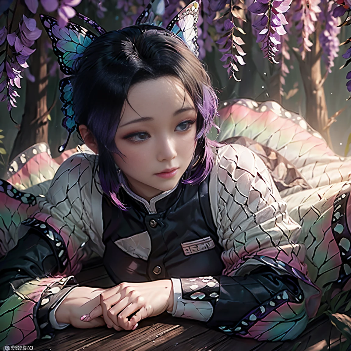 Ultra-realistic 8k CG, masterpiece, ((ultra-detailed background, delicate pattern, intricate details)),best quality, very detailed face, extremely detailed eyes and face, extremely detailed eyes, shinobu kochou, kochou shinobu, lying down in a forest with butterfly wings in her hair, wearing a black dress adorned with purple butterflies. The scene is illuminated with soft, ethereal light, featuring detailed and delicate art style similar to that of Guweiz and Artgerm. The artwork is extremely detailed, trending on CGstation, with bokeh effects in the background, captured in 8K resolution, perfect for an anime art wallpaper