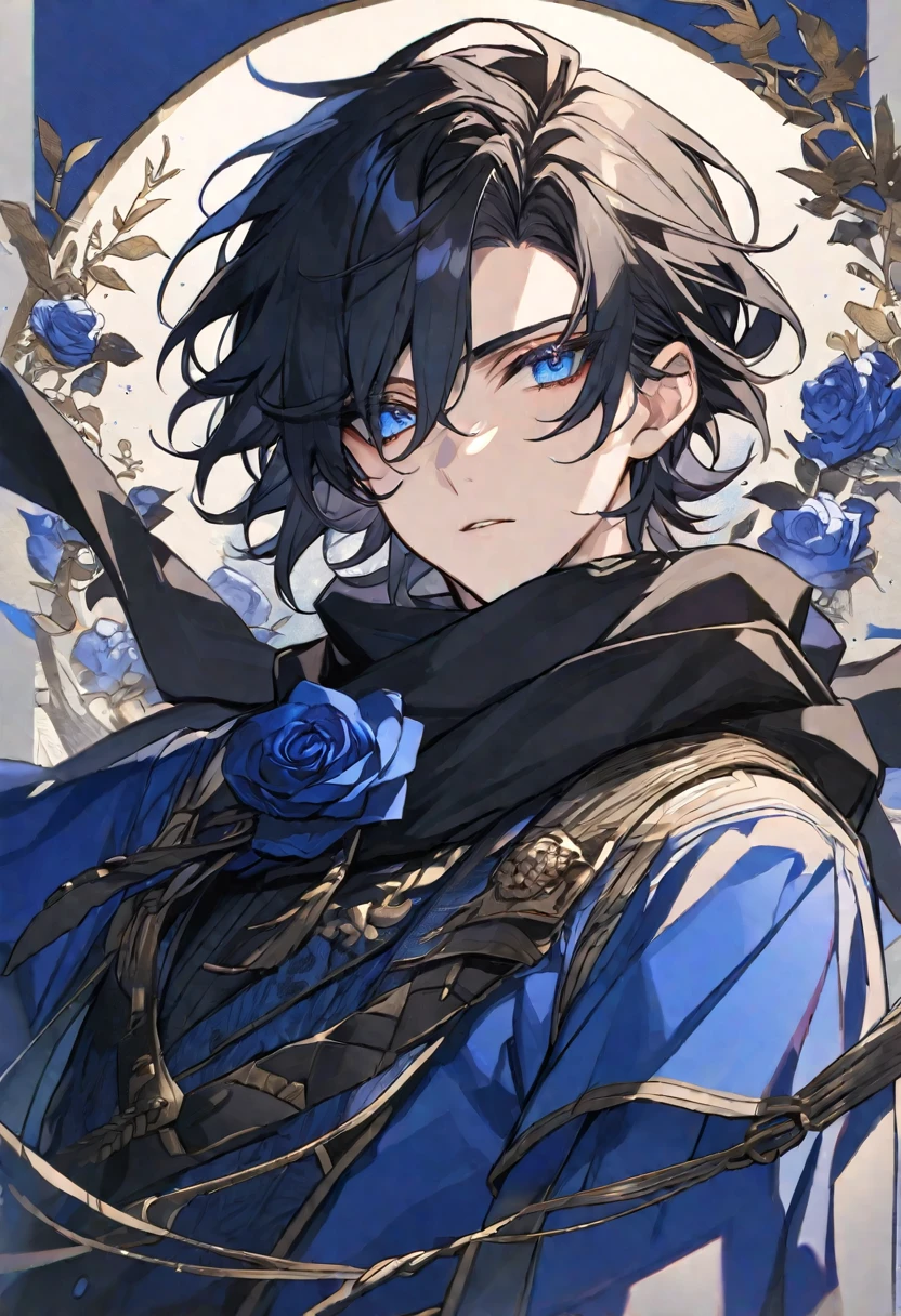 Solo, male, black hair, blue eyes, blue dress, black scarf, black roses