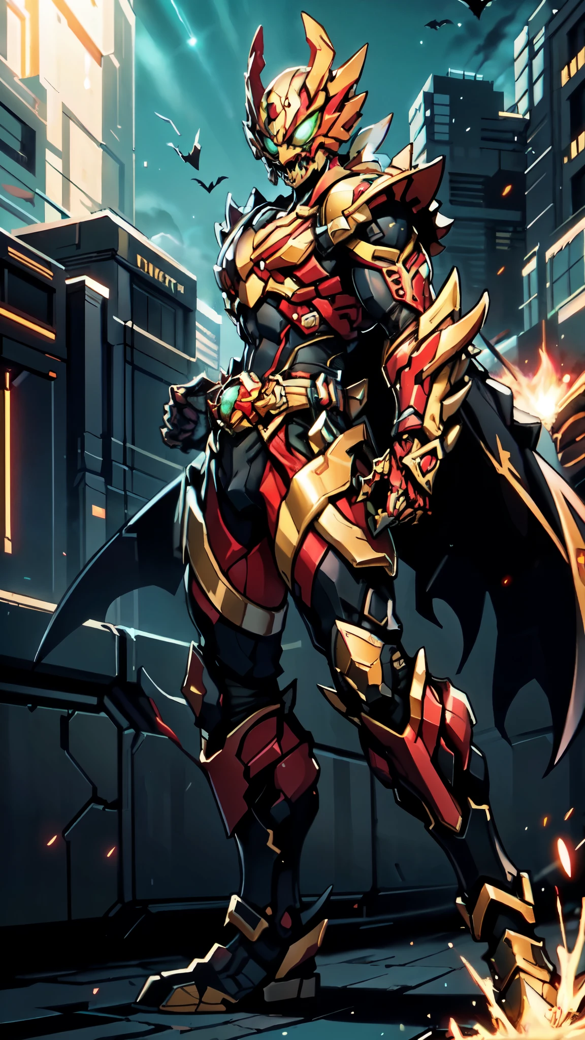 (masterpiece:1.5, best quality:1.5, extremely delicate:1.5, perspective:1.5, foreshortening:1.5, dynamic angle:1.5), a man wearing a full-face helmet, a fantasy-style biotech armored combat suit, green eyes, (a composite layered chest armor), fully enclosed shoulder guards, matching arm and leg guards, the belt is adorned with fangs biting into orbs, (the color scheme is primarily black with red accents), the design balances heavy with agility, a high-tech bio-mecha armor, (Armor Concept Inspired by Bat, stand on the top of a skyscraper in a futuristic sci-fi city), this character embodies a finely crafted fantasy-surreal style armored hero in anime style, exquisite and mature manga art style, (element, plasma, energy, the armor glows), ((male:1.5)), metallic, high definition, highres, ultra-detailed, ultra-fine painting, professional, perfect body proportions, golden ratio, anatomically correct, symmetrical face, extremely detailed eyes and face, high quality eyes, creativity, RAW photo, UHD, 32k, Natural light, cinematic lighting, masterpiece-anatomy-perfect