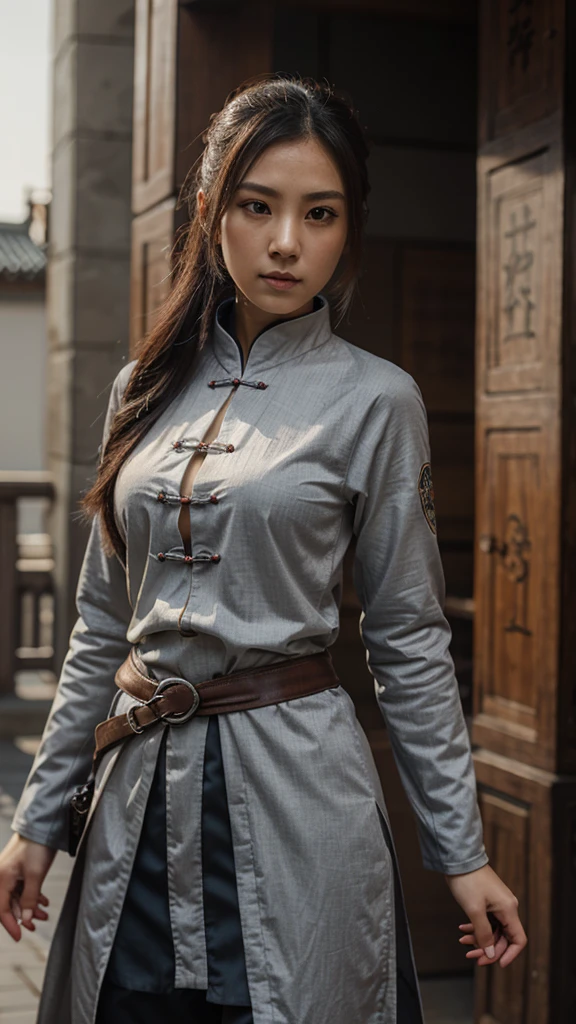 a perfect girl, assassin, gray Chinese clothes, close-up, half-body