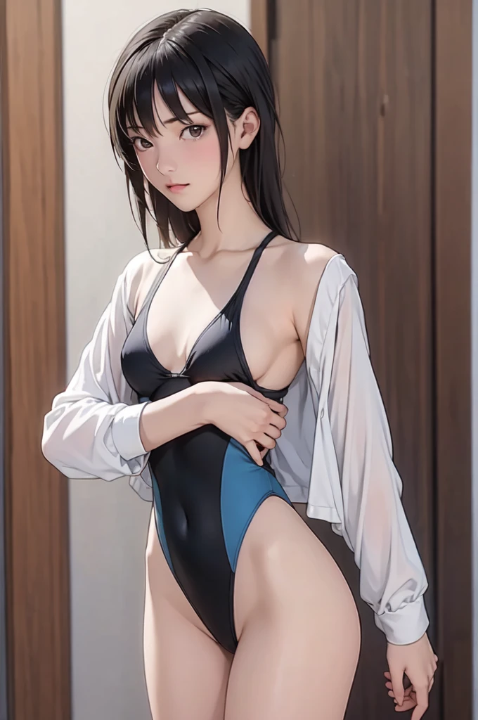 ((masterpiece, best quality)),((high resolution:1.3)), 1 Girl, solo, Cowboy Shot, Blurred Background, silky hair, (((Small breasts:1.3))), Thighs, (((cool Pose))), (One piece swimsuit),
