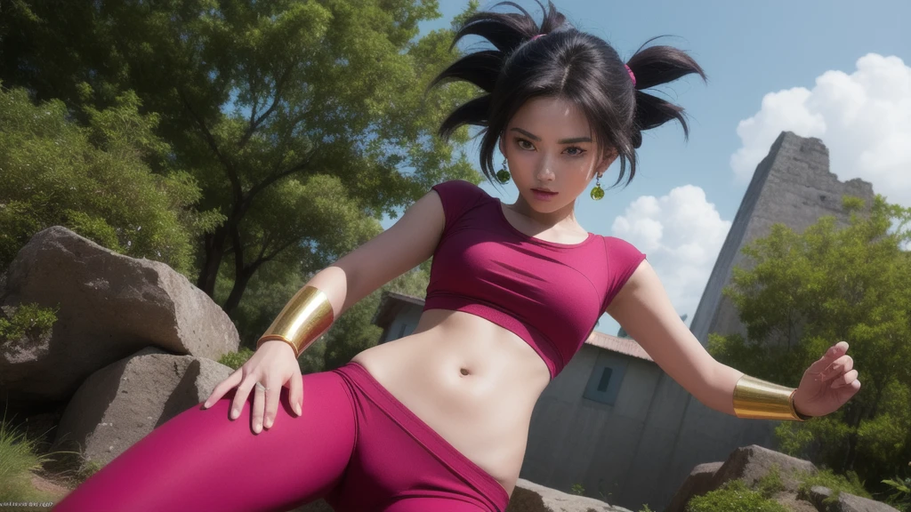 kefla, 1 girl, standing alone, Bblack hair, eyes black, super saiyan, spiky hair, hypdertailed, Green earrings,
tummy, pink top, manga curta, top cut, manga curta, purple pants, gold armbands, firm skin,
forst,open air,
(incredibily detailed, beautifull detailed face, work of art, best qualityer) cinematic lighting,