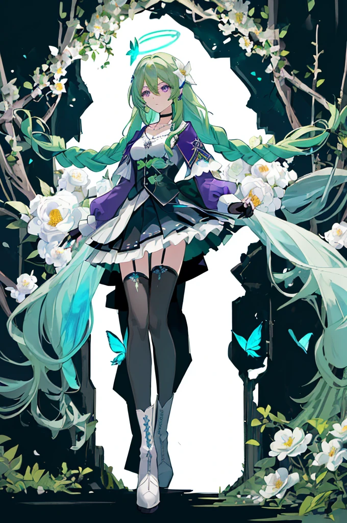 (Masterpiece, Best Quality: 1.4), white Background, Long Hair, Jewelry, Earrings, Necklace, Bride, ((green Hair)), Halo, (Overlook), Dynamic Angle, Ultra Detailed, Illustration, Close Up, Direct Look, 1girl, (Fantasy: 1.4), (Purple Eyes: 1.233), Her Eyes Shine Like Dreamy Stars, (Glow Eyes: 1.233), (Beautiful and Delicate Eyes: 1.1), (green Hair: 1.4), (Messy Hair, Very Long Hair, French braids, hair between the eyes, side hair), (+(white hair flower: 1.14)), (chiffon dress, uniform white flower pattern)/= (military uniform: 1.24), (fingerless gloves), choker, (black thighhighs), high heeled boots, (expressionless, shut up), (standing), (white flowers, blooming),(Ruins),(Night:1.2),dreamy,Soul,(fluorescent),(Flying Translucent Blue Butterfly:1.15),[Delicate Fingers and Hands:0.55]::0.85], (Finger Detail), (Yubao:0.5),((black background)),((full body)),((turquoise hair)),green hair,((green hair)),night,