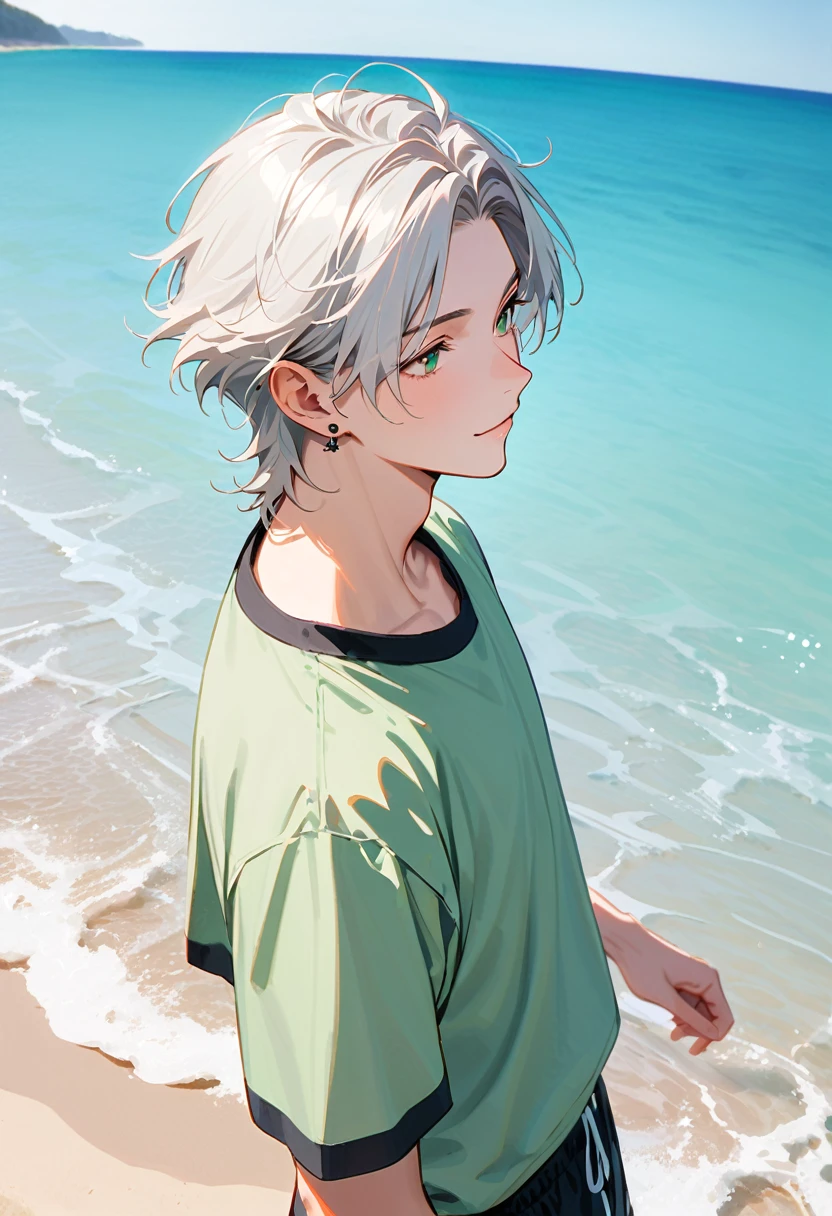 A young man, 19-years-old, solo, Caucasian, masculine face, short tousled white hair, green eyes, warm smile, light pale green t-shirt, short sleeves, black swimming trunks, small silver earrings, beach, standing in the water, looking off into the distance