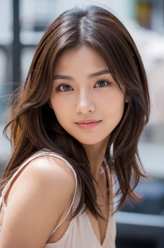 dark brown hair、light brown eyes、Japanese actress face、 lady、looks like him;I'Iは40歳くらいです、(intricate details:1.2)、(Top Quarit:1.4)、 (ultra high resolution:1.2)、ultra high resolution、(fine eyes)、(detailed facial features)、ticker、8K resolution、D cup size breasts、hair length、crop top、wide pants、Terrace cafe facing the Paris skyline、sitting on a chair in a cafe、Chanel shop in Paris can be seen in the background.、full body photo、Photographed from head to toe、Pose leaning against the wall、Pose as if waiting for someone、