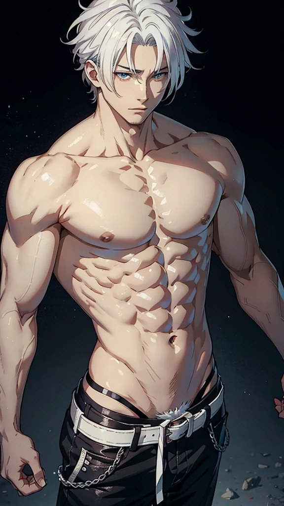 Anime guy shirtless
White hair
6 pack abs
Strong chest