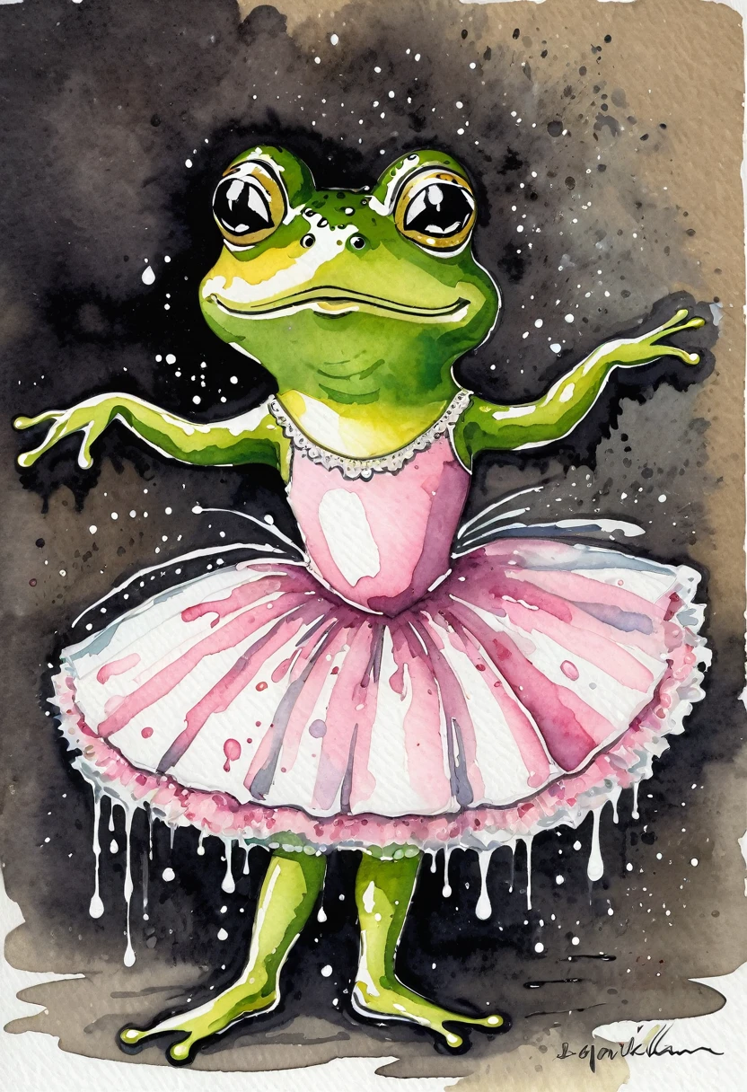 By Jane Newlan, Acting painting, watecolor wet style, alcoholic ink splashes, A frog dressed as a ballerina
Old vintage