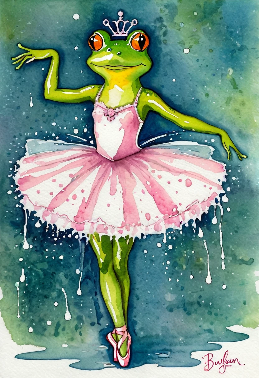 By Jane Newlan, Acting painting, watecolor wet style, alcoholic ink splashes, A frog dressed as a ballerina
Old vintage card