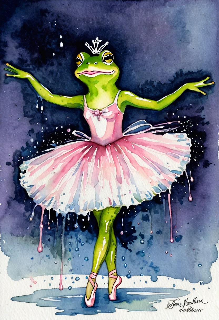 By Jane Newlan, Acting painting, watecolor wet style, alcoholic ink splashes, A frog dressed as a ballerina
Old vintage card