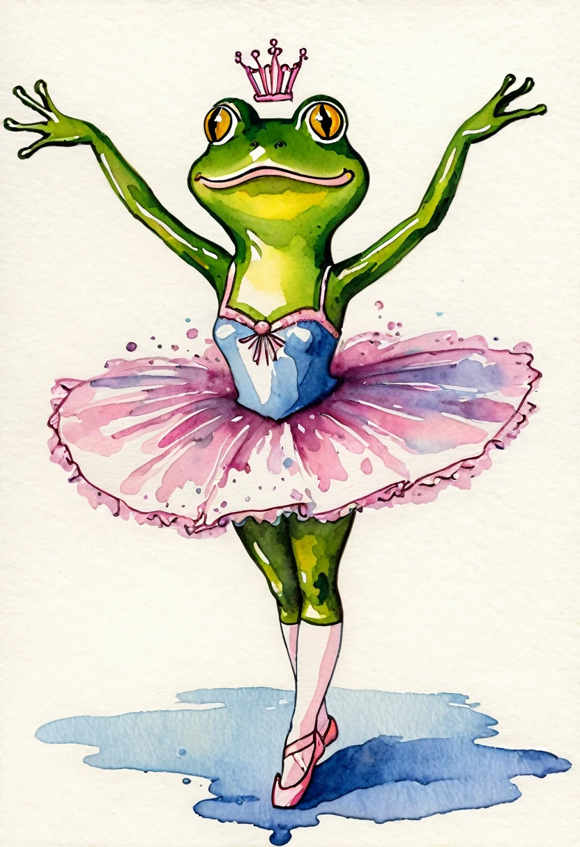 By Jane Newlan, Acting painting, watecolor wet style, alcoholic ink splashes, A frog dressed as a ballerina
Old vintage card