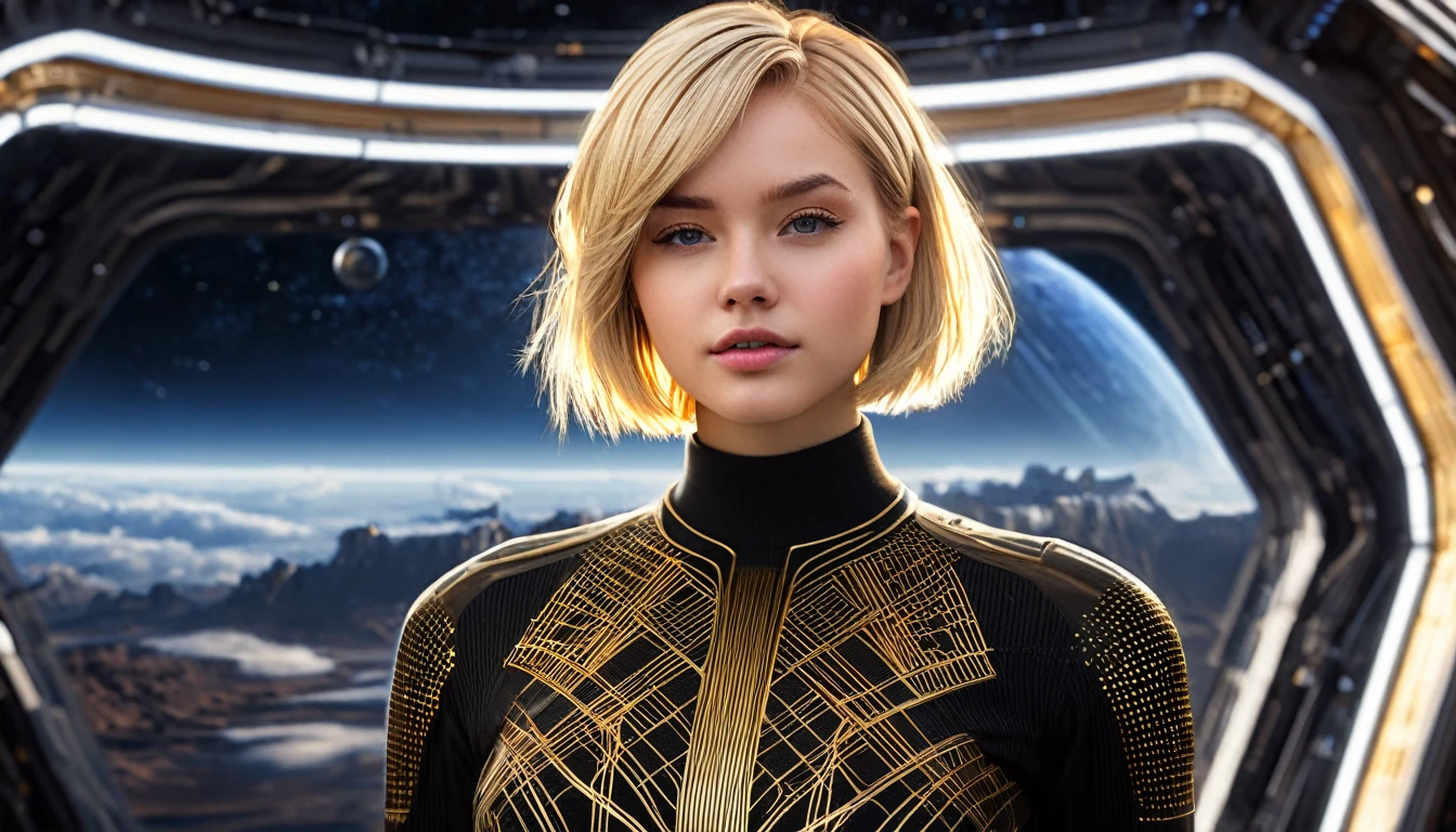 a beautiful 19 yo Arkansas woman with short blond bob angel hair, wearing a black sweater looking at a gold and chrome futuristic Venusian spacecraft, intricate detailing, HDR, vibrant contrast, 32k resolution, luminism lighting techniques, ultra-realistic digital render, bokeh, mass effect, close up black, beauty, pure perfection, divine presence, unforgettable, impressive, breathtaking beauty, Volumetric light, auras, rays, 8k uhd, dslr, soft lighting, high quality, natural textures 8k masterpiece canon eos r4s 50