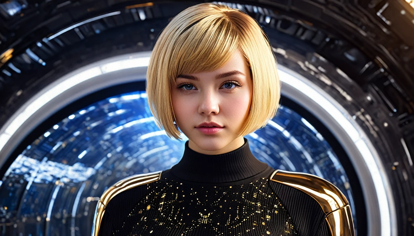 a beautiful 19 yo Arkansas woman with short blond bob angel hair, wearing a black sweater looking at a gold and chrome futuristic Venusian spacecraft, intricate detailing, HDR, vibrant contrast, 32k resolution, luminism lighting techniques, ultra-realistic digital render, bokeh, mass effect, close up black, beauty, pure perfection, divine presence, unforgettable, impressive, breathtaking beauty, Volumetric light, auras, rays, 8k uhd, dslr, soft lighting, high quality, natural textures 8k masterpiece canon eos r4s 50