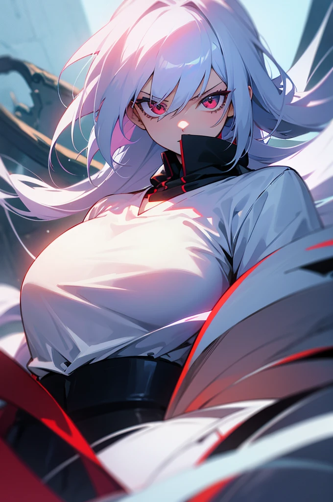 Badass anime 8k,anime 4k,girl,hair white,fofa,with a visible shirt,eyes red,bad eyes
